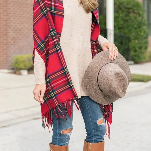 Mud Pie Red Plaid Fringe Scarf - Picture 5 of 12